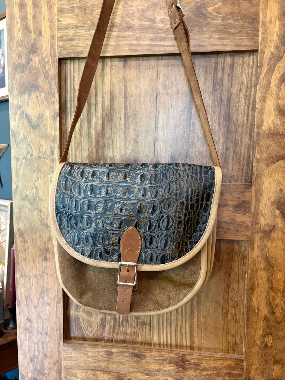 Brown Leather Crossbody Bag with Croc-Effect Flap